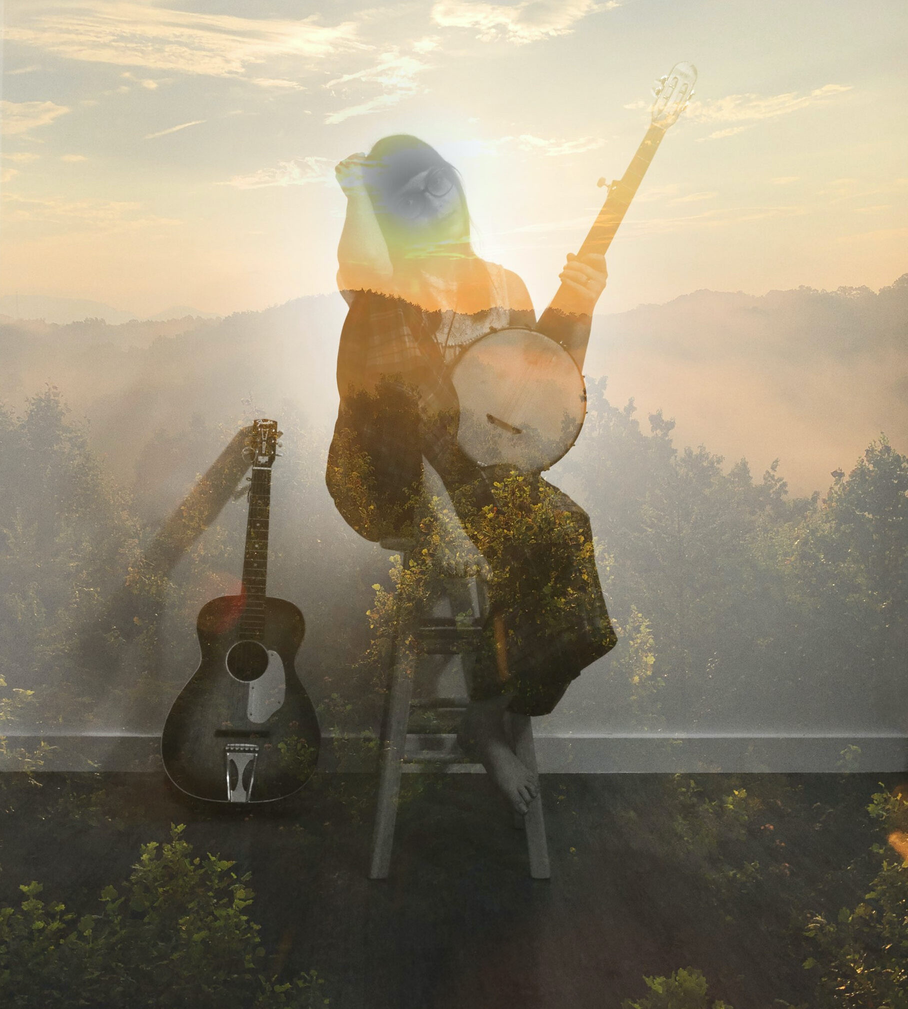 image shows lauren's album cover art, which is a double-exposure image of her sitting on a stool holding a banjo, overlaid with a mountain sunrise that gives the image a golden, sunny quality
